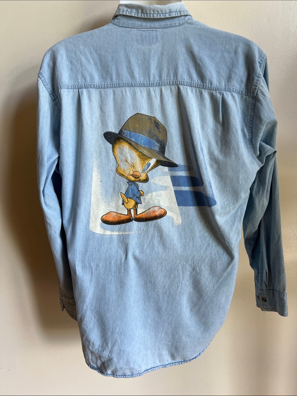 tweety bird light washed denim button down shirt, vintage whimsy in comfort